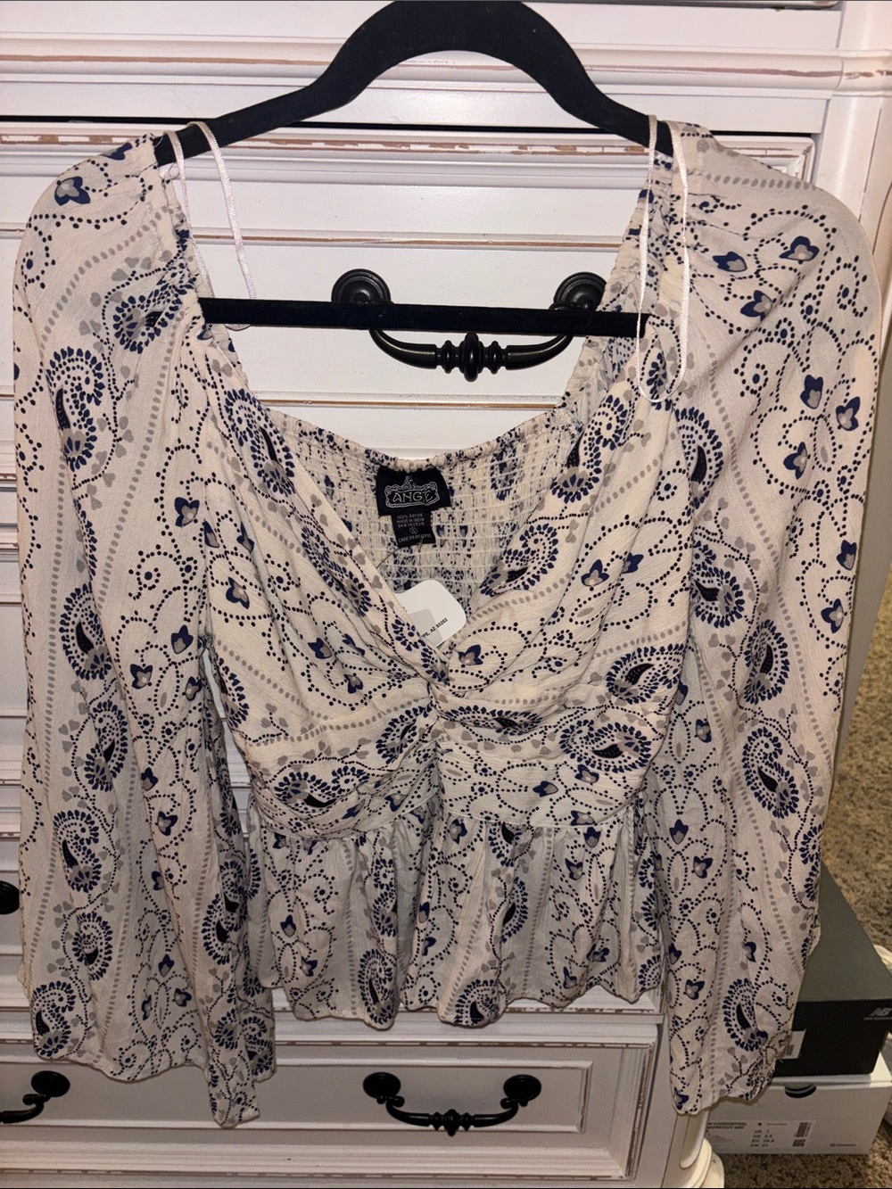 NWT Angie Cream and Navy Paisley Print Peasant Top with Bell Sleeves